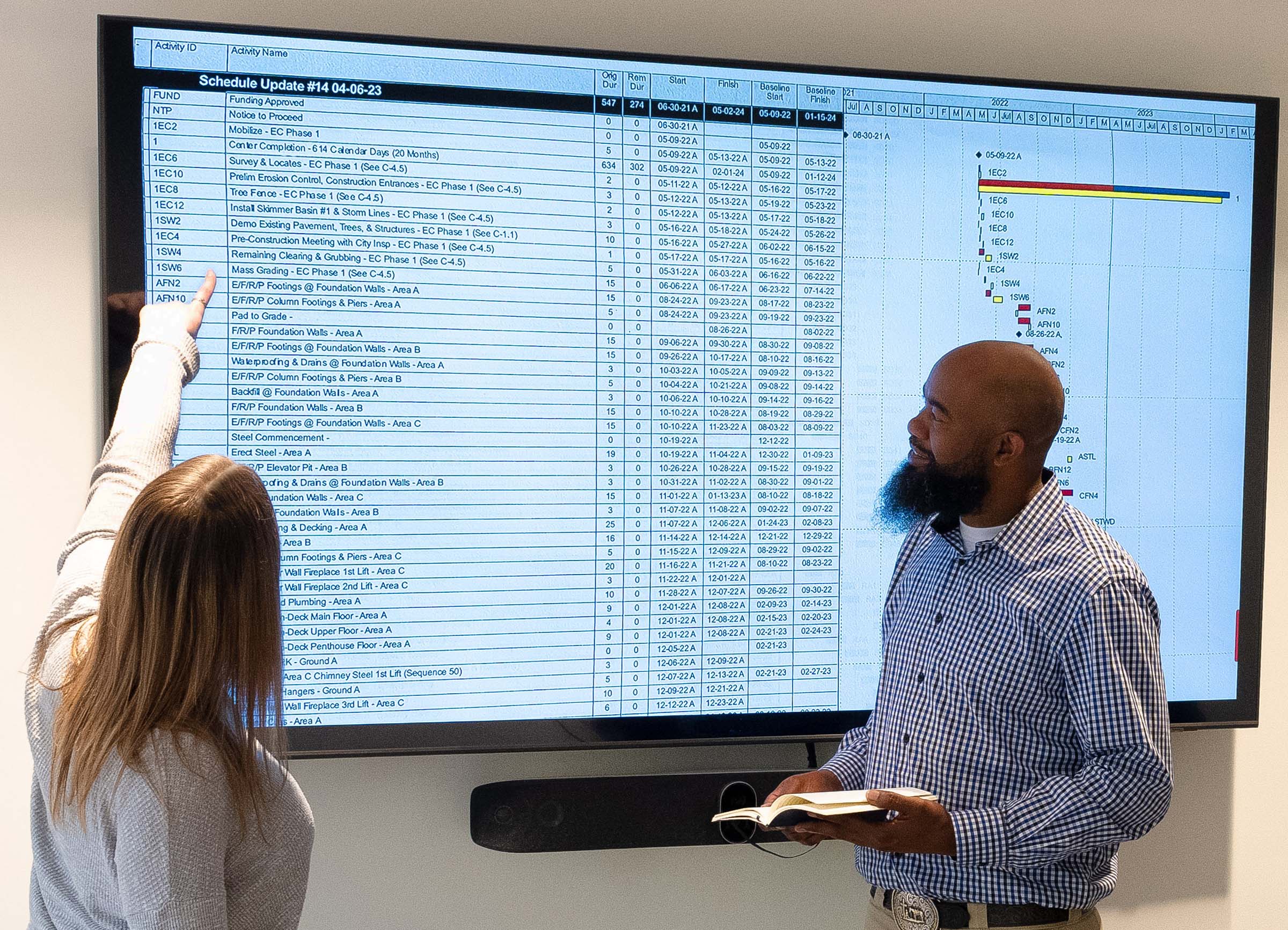 Blum Construction's Pre-Construction Team stands in front of a digital display board, preparing for a large building project in North Carolina.